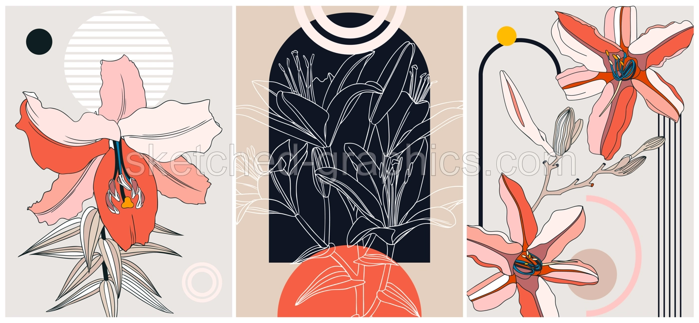 Trendy collage style lilycard designs. Abstract and minimalist illustrations with floral lily outlines. With geometric shapes and botanical elements for wall art, prints, decoration, invitations Illustration